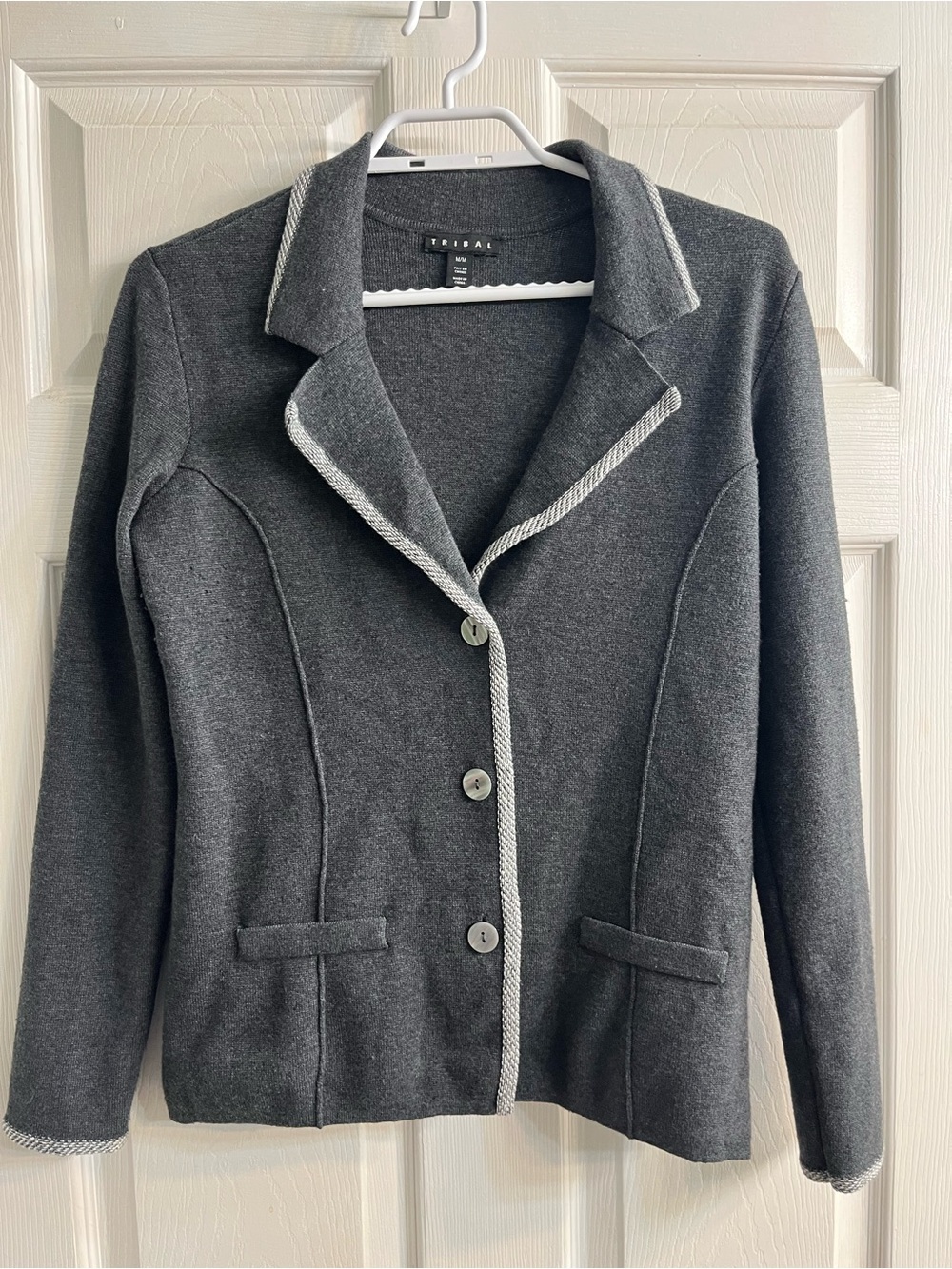 Tribal Gray Blazer Cardigan Jacket M/M Contrast Trim Office Casual